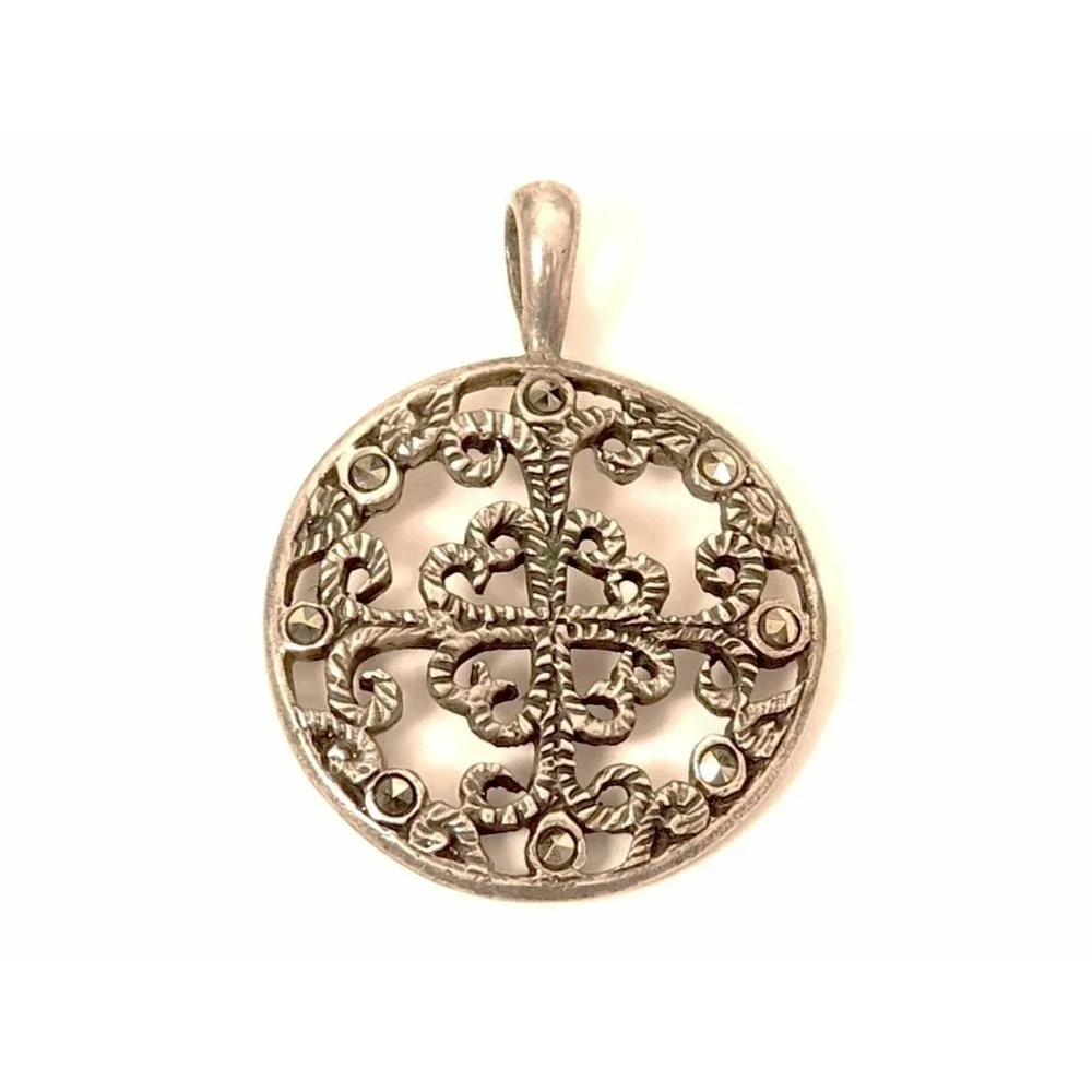 Sterling Silver 925‎ CN Signed Round Filigree Marcasite Stone Necklace Pendant